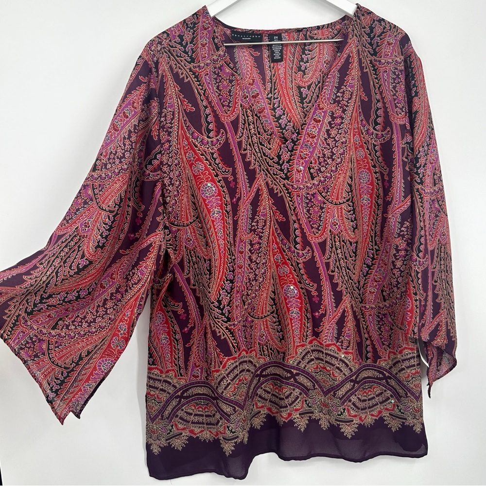 Vintage Y2K Paisley Blouse Size 2XL Fairycore Whimsical Boho Plus Size